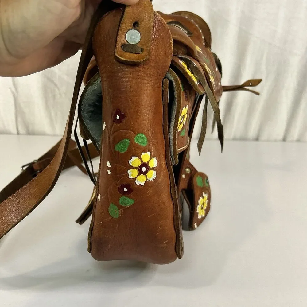 Hand Tooled Leather Saddle Purse Hand Painted Floral Western Shoulder Bag